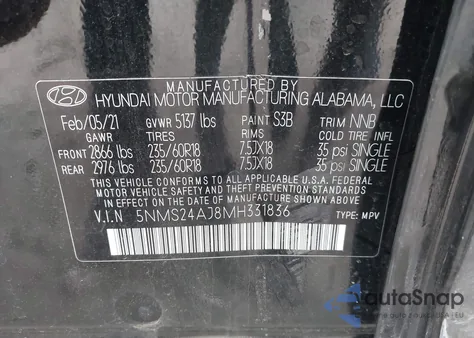 2021 Hyundai Santa Fe Sel from USA, damaged, VIN 5NMS24AJ8MH331836